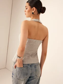 COMMENSE Cotton & Linen Pinstripe Slim Halter Top* Tank Tops & Camis|Tops
