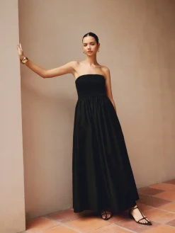 COMMENSE Cotton & Linen Pleat Strapless Long Dress* Black Dresses|Casual Dresses