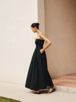 COMMENSE Cotton & Linen Pleat Strapless Long Dress* Black Dresses|Casual Dresses