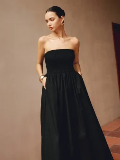 COMMENSE Cotton & Linen Pleat Strapless Long Dress* Black Dresses|Casual Dresses
