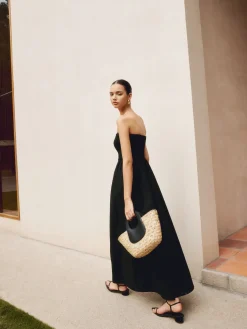 COMMENSE Cotton & Linen Pleat Strapless Long Dress* Black Dresses|Casual Dresses