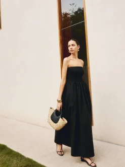 COMMENSE Cotton & Linen Pleat Strapless Long Dress* Black Dresses|Casual Dresses