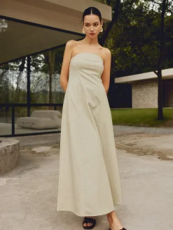 COMMENSE Cotton & Linen Shirred Pocket Long Dress* Casual Dresses|Vacation Dresses