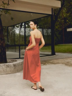COMMENSE Cotton & Linen Shirred Pocket Long Dress* Casual Dresses|Vacation Dresses