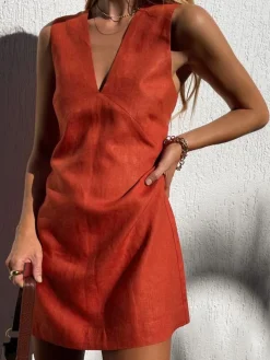 COMMENSE Cotton & Linen V-Neck Short Dress* Black Dresses|Casual Dresses