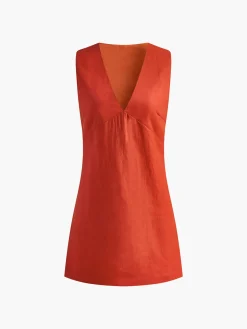 COMMENSE Cotton & Linen V-Neck Short Dress* Black Dresses|Casual Dresses