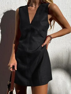 COMMENSE Cotton & Linen V-Neck Short Dress* Black Dresses|Casual Dresses