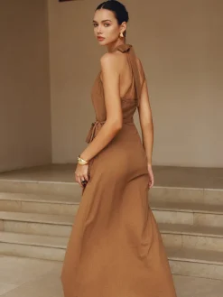 COMMENSE Cotton & Linen Wrap Halter Knotted Long Dress* Casual Dresses|Vacation Dresses
