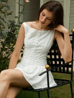 COMMENSE Cotton Backless Button-Front Short Dress* White Dresses|Casual Dresses