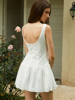 COMMENSE Cotton Backless Button-Front Short Dress* White Dresses|Casual Dresses
