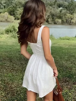 COMMENSE Cotton Blend Solid Square Neckline Short Dress* Casual Dresses|Vacation Dresses