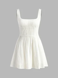 COMMENSE Cotton Blend Solid Square Neckline Short Dress* Casual Dresses|Vacation Dresses