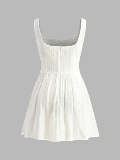 COMMENSE Cotton Blend Solid Square Neckline Short Dress* Casual Dresses|Vacation Dresses