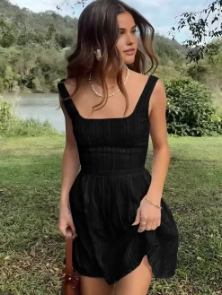 COMMENSE Cotton Blend Solid Square Neckline Short Dress* Casual Dresses|Vacation Dresses