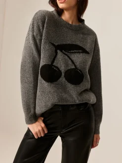 COMMENSE Cotton Blends Cherry Printed Pullover Sweater* Sweater Tops|Sweaters & Cardigans