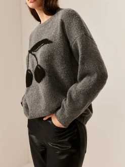 COMMENSE Cotton Blends Cherry Printed Pullover Sweater* Sweater Tops|Sweaters & Cardigans