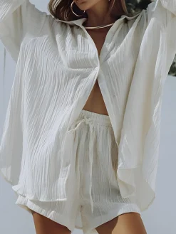 COMMENSE Cotton Blends Pockets Drawstring Shorts Set* Shorts Sets|Long Sleeve Sets