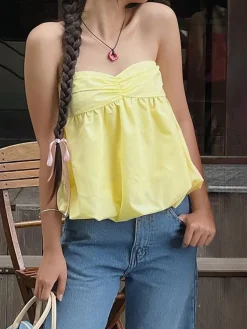 COMMENSE Cotton Blends Shirred Bubble Blouse* Tops
