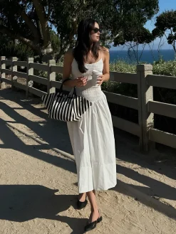 COMMENSE Cotton Blends Shirred Cami Midi Dress* White Dresses|Casual Dresses