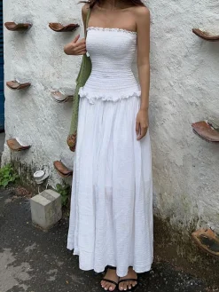 COMMENSE Cotton Blends Shirred Tube Long Dress* White Dresses|Black Dresses