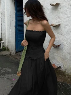 COMMENSE Cotton Blends Shirred Tube Long Dress* White Dresses|Black Dresses