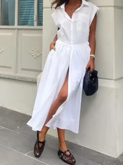 COMMENSE Cotton Blends Sleeveless Split Midi Dress* White Dresses|Casual Dresses