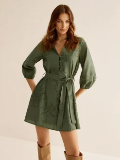 COMMENSE Cotton Boheme Embroidery Belted Dress* Vacation Dresses|Short Dresses