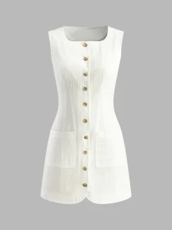 COMMENSE Cotton Button-Front Short Dress* Casual Dresses|Work Dresses