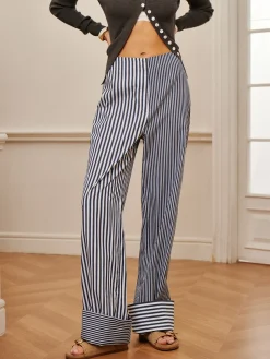 COMMENSE Cotton Contrast Binding Pinstripe Pants* Pants|Bottoms