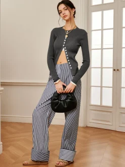 COMMENSE Cotton Contrast Binding Pinstripe Pants* Pants|Bottoms
