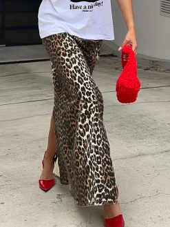COMMENSE Cotton Leopard Print Split Midi Dress* Skirts|Bottoms