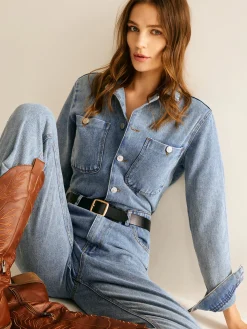 COMMENSE Cotton Long Sleeve Denim Jumpsuit Without Belt* Denim|Bottoms