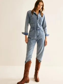 COMMENSE Cotton Long Sleeve Denim Jumpsuit Without Belt* Denim|Bottoms