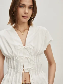 COMMENSE Cotton Pleated Knotted Blouse* Blouses & Shirts|Tops