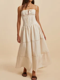 COMMENSE Cotton Pleated Low Cut Dress* White Dresses|Casual Dresses