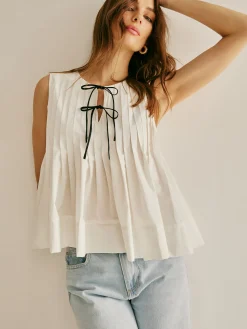 COMMENSE Cotton Ruffle Pleated Tie Front Blouse* Blouses & Shirts|Tops
