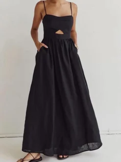 COMMENSE Cotton Sleeveless Pockets Cutout Long Dress* Black Dresses|Casual Dresses