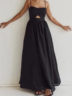 COMMENSE Cotton Sleeveless Pockets Cutout Long Dress* Black Dresses|Casual Dresses