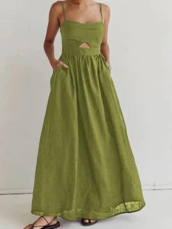 COMMENSE Cotton Sleeveless Pockets Cutout Long Dress* Black Dresses|Casual Dresses