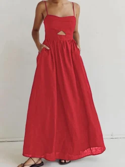 COMMENSE Cotton Sleeveless Pockets Cutout Long Dress* Black Dresses|Casual Dresses