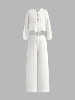 COMMENSE Cotton Tie Front Pants Set* Pants Sets|Matching Sets