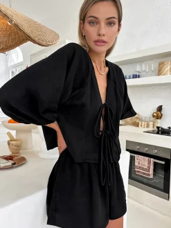 COMMENSE Cotton Tie-Front Long Sleeve Shorts Set* Shorts Sets|Shorts