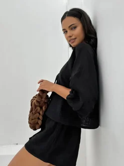 COMMENSE Cotton Tie-Front Long Sleeve Shorts Set* Shorts Sets|Shorts