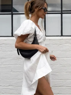 COMMENSE Cotton V-Neck Puff Sleeves Backless Dress* White Dresses|Casual Dresses