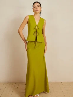 COMMENSE Cotton V-Neck Tie Front Skirt Set* Skirt Sets|Long Sleeve Sets