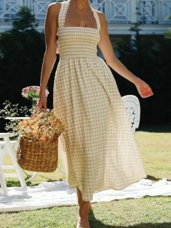 COMMENSE Countryside Plaid Print Halter Criss Cross Long Dress* White Dresses|Casual Dresses