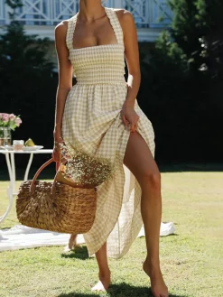 COMMENSE Countryside Plaid Print Halter Criss Cross Long Dress* White Dresses|Casual Dresses