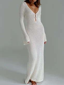 COMMENSE Cover Up Long Sleeve Open Back Long Dress* White Dresses|Black Dresses