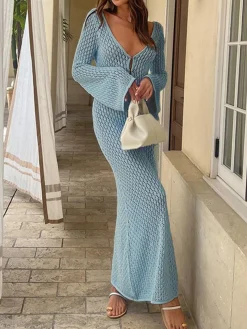 COMMENSE Cover Up Long Sleeve Open Back Long Dress* White Dresses|Black Dresses