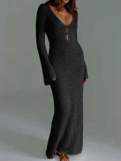 COMMENSE Cover Up Long Sleeve Open Back Long Dress* White Dresses|Black Dresses